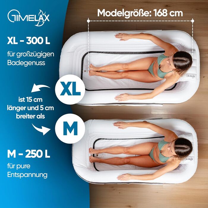 Надувна ванна TIMELAX® XL з ергономічною спинкою | 0,5 мм PVC, без BPA | Мовна, розкладна, для дорослих, чорна