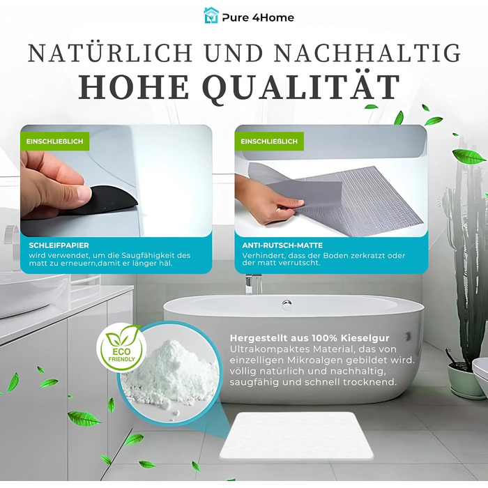 Діатомітовий килимок для ванної Pure 4Home Kieselgur 60x40 см, швидкосохнучий та антибактеріальний підклад, білий