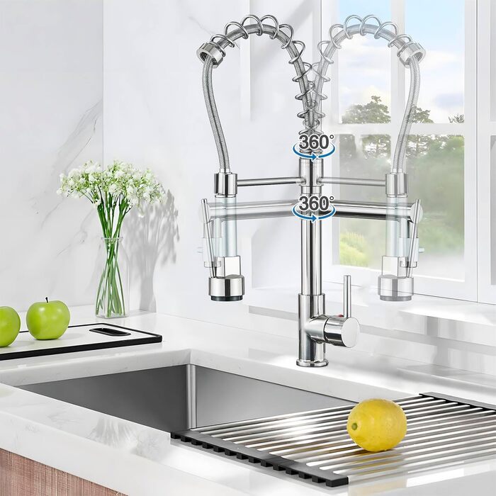 Кухонний змішувач з двома виливами, поворотний на 360°, з високим виливом та спіральною шланговою насадкою. Змішувач для кухні з нержавіючої сталі, оброблений під мідь (щіткова обробка).