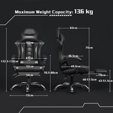 Ігрове крісло Yaheetech Ergonomic Gaming Chair з функцією масажу, підставкою для ніг та регулюванням спинки 90-135°, офісне крісло для геймерів та дому, чорне