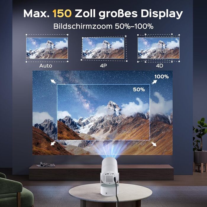 Aubor Mentech Mini Beamer 4K: Портативний проєктор для дому з Wi-Fi 6, BT 5.2 та Android OS, Auto Keystone, 180° та підтримкою HDMI.