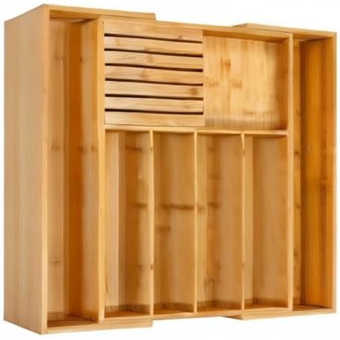 VaeFae Bamboo Cutlery Box for Drawers, Expandable Drawer Organizer Kitchen, Cutlery Insert for Drawers with Knife Block, Adjustable Wooden Cutlery Box