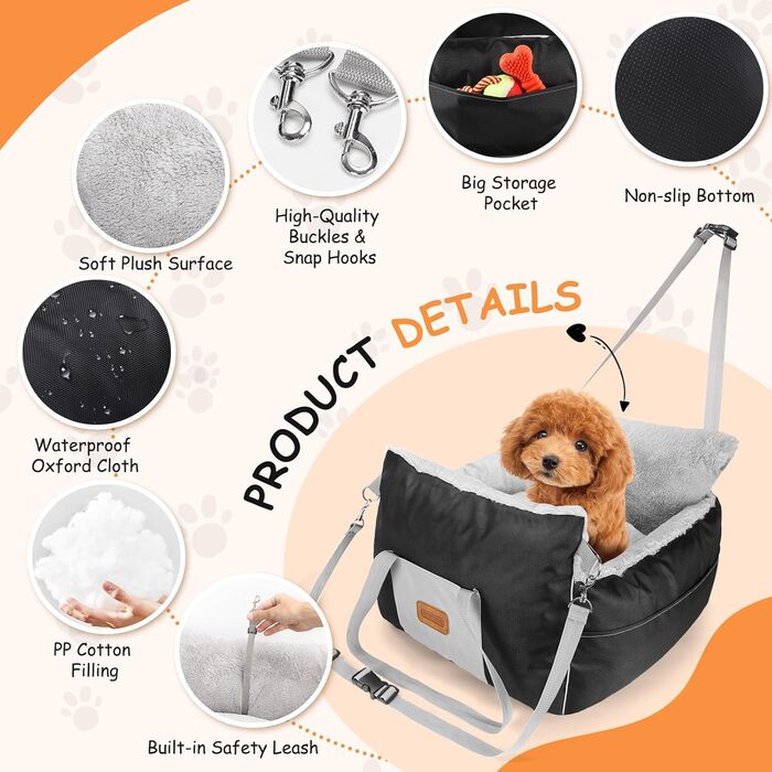 Автокрісло для собак Nobleza - зручне ліжко для маленьких собак з кишенями та змінним матрацом, 58x56x33 см (бавовна, плюш, пластик/метал)