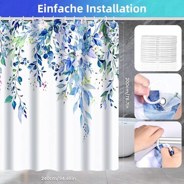 Шторка для душу текстильна з 12 гачками, антигрибкова, водовідштовхувальна, 180x200 см, для ванної кімнати, зелена