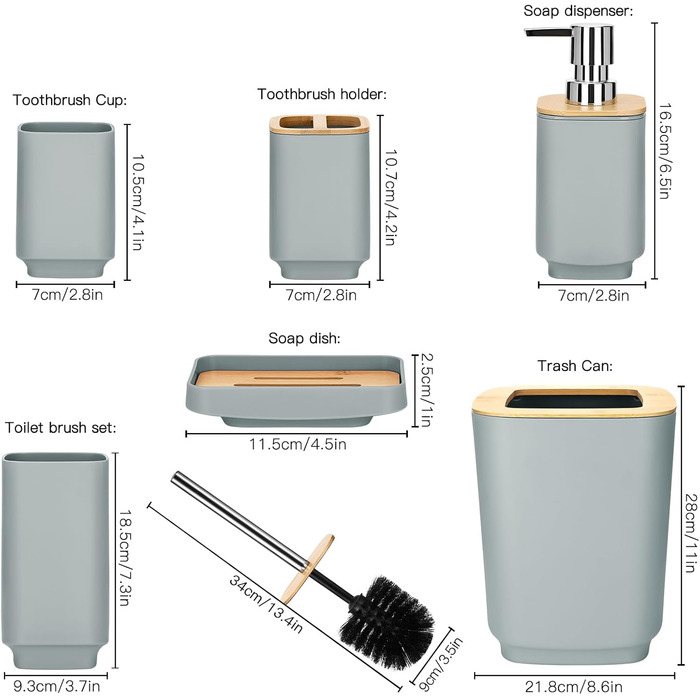 Набір аксесуарів для ванної кімнати JOTOM з бамбука (6 шт.) - сірий