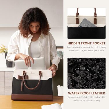 LOVEVOOK Сумка для ноутбука 15.6 дюймів, жіноча, для роботи, шкіряна, велика, універсальна, сумка-шоппер, для офісу, школи, діловий стиль, бежево-чорний-коричневий