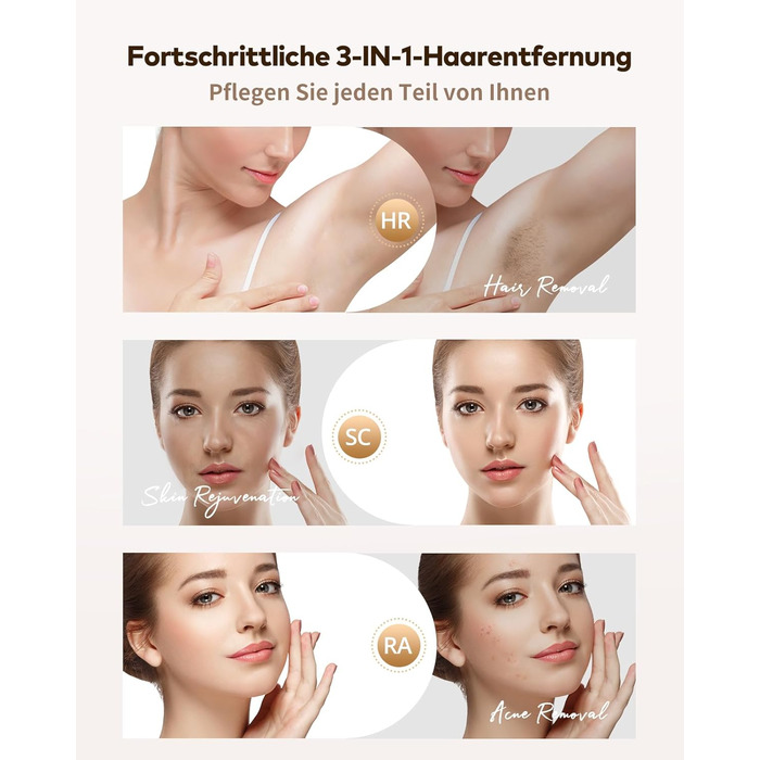 Пристрій для епіляції IPL Haarlosy 3-в-1: HR/SC/RA, 999 900 імпульсів, 9 рівнів енергії, безболісна епіляція для чоловіків та жінок, для тіла