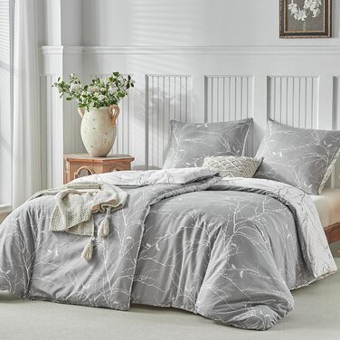 Постільна ковдра Lekesky 135x200 4-х частинна - 2 наволочки 135x200 см + 2 наволочки 80x80 см, квітковий принт, сірий поліестер мікрофібра з блискавкою, гілки сірий/білий