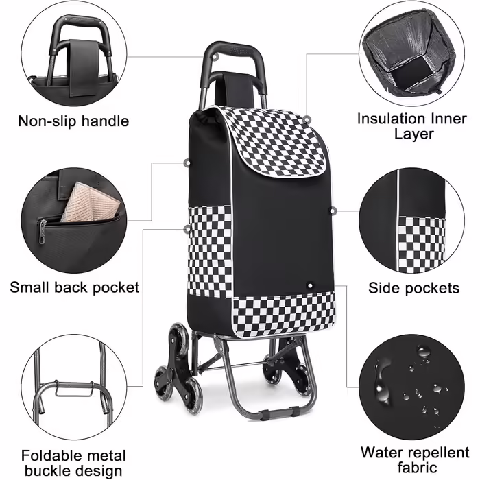 This shopping trolley shopping cart is a stable trolley with a foldable 2-in-1 design and a detachable bag with 3 noiseless wheels (Black - update).
