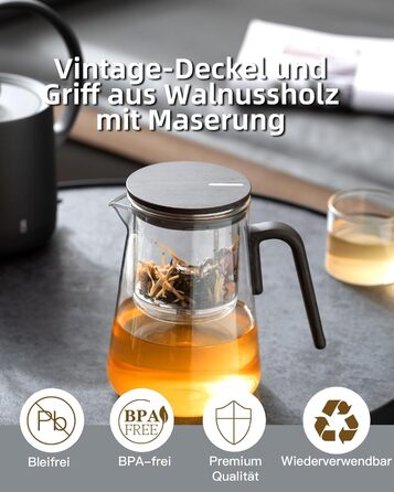 Чайник ZENS Magic з боросилікатного скла з ситом, 1000 мл, з магнітним кришкою та ручкою з чорного горіха