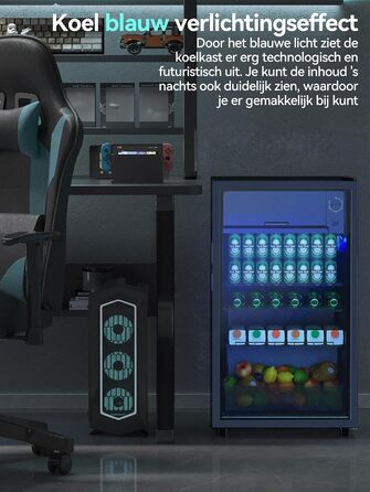 Холодильник для напоїв Devoko 93L з скляними дверцятами та LED-підсвіткою. Регульовані полиці для колі, пива та вина. Чорний колір, ідеально для дому та офісу.