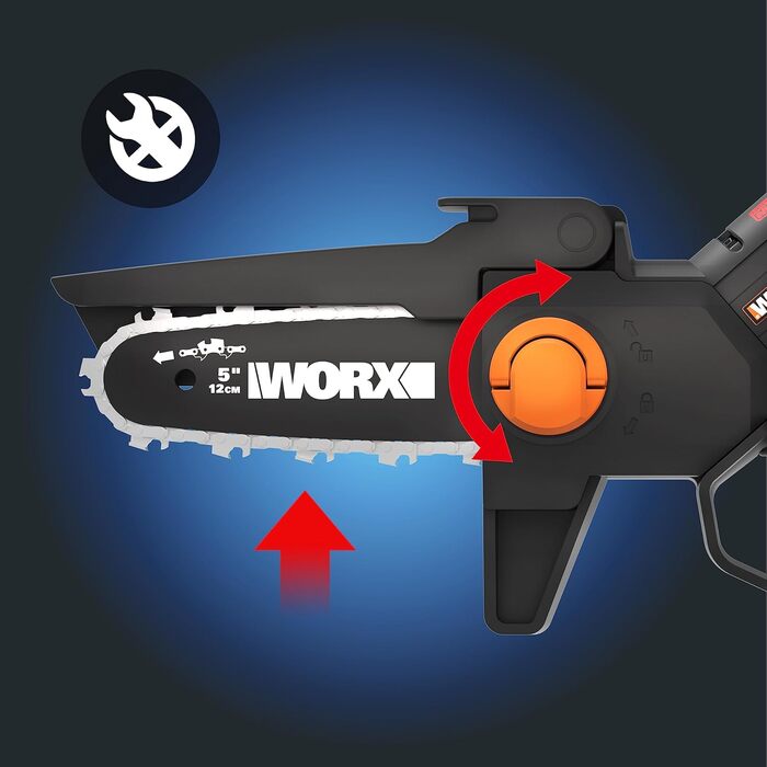 WORX WG325E Nitro Mini акумуляторна бензопила 20V, одноручна пила для гілок, Brushless двигун, 5650 об/хв, довжина різу 12 см, легка та компактна, автоматичне змащення ланцюга (з акумулятором 2Ah та зарядним пристроєм)