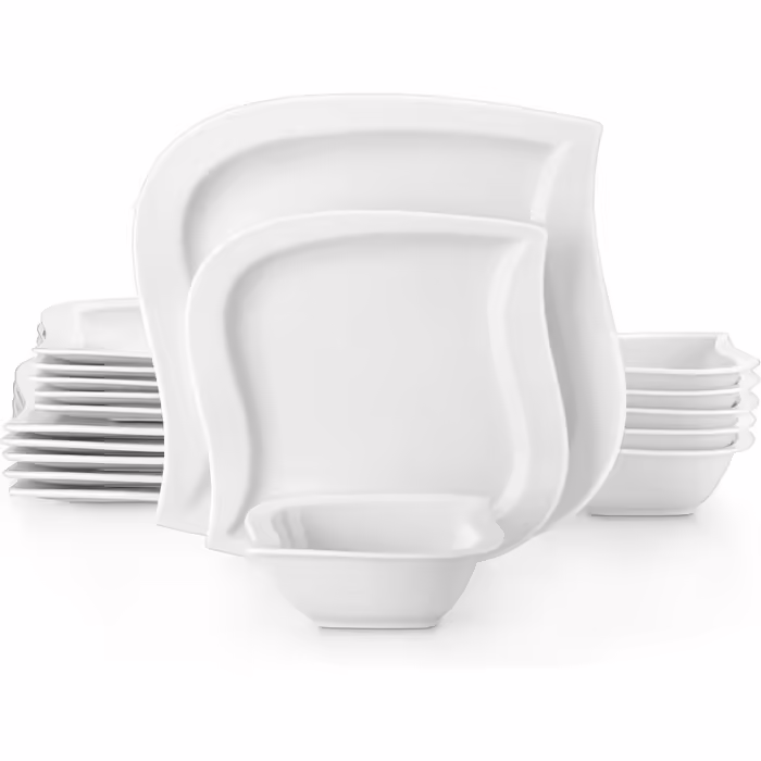 MALACASA, Elvira Series, 18-Piece Cream White Porcelain Dinnerware Set Table Service Combination Service with 6 Dinner Plates, 6 Dessert Plates, 6 Cereal Bowls each, Dinnerware Set for 6 People Elvira - Cream White 18 Pieces