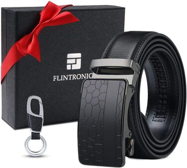Чоловічий шкіряний ремінь Flintronic з автоматичною пряжкою, ширина 3.5 см, довжина 130 см, чорний (з брелоком та подарунковою коробкою)