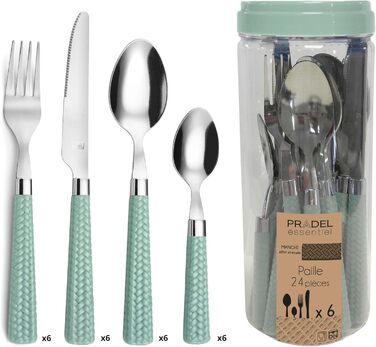 Amefa PAILLE Cutlery Set, 24-Piece | Cutlery Set for 6 People | Stainless Steel, Dishwasher Safe | Cutlery with Colorful Handles in Pastel Green | Dinner Cutlery
