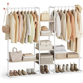 SONGMICS Стійка для одягу з відкритими полицями, 6 поличок, 2 перекладини, гачки, для спальні, приглушено-бежевий + матовий білий, RGR012K01