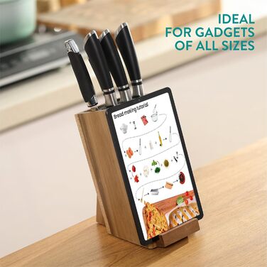 Navaris Knife Block with Smartphone and Tablet Holder - Knife Block without Knives - Multifunctional Kitchen Knife Block Made of Durable Acacia Wood - Washable Bristles