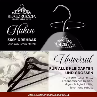 40 Wooden Clothes Hangers with Anti-Slip Grooves, RealGruccia Black Wood Hangers for Trousers, Suits, Shirts - with Trouser Bar, Polished Surface, Swivel Hook, and Angled Profiles - 22x45cm