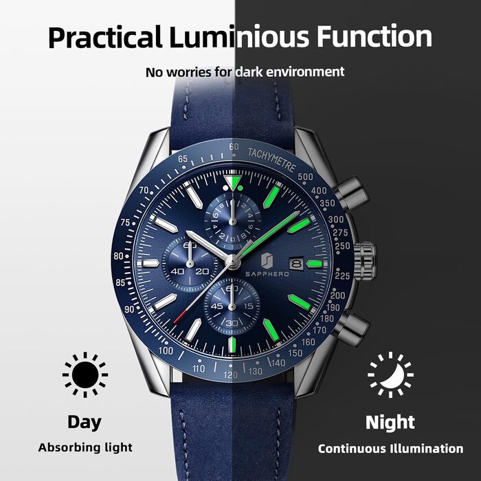 Годинник чоловічий BENYAR Chronograph з кварцовим механізмом, аналоговий, з шкіряним ремінцем. Стильний дизайн для бізнесу, спорту та повсякденного носіння. Водостійкість 30M. Елегантний подарунок для чоловіків (синій ремінець, сріблясте корпус, блакитний