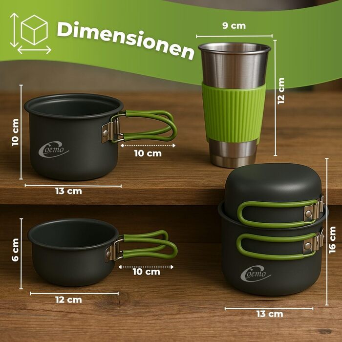 Набір кухонного посуду для кемпінгу Coemo 7 предметів з пальником - набір для приготування їжі на відкритому повітрі з каструлею, сковородою, столовим приладдям та чашкою, зелений M