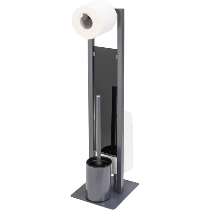 WENKO Stand WC-Garnitur Rivalta, freestanding toilet set with toilet brush, toilet paper and spare roll holder, matt lacquered steel, safety glass splash plate, 18 x 70 x 23 cm, Grey Grey/Black/Black