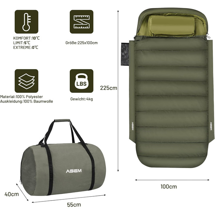 Сплячий мішок AGEM для дорослих: літо, зима, 3-4 сезони, кемпінг, рибалка, 225x100 см, 4-5 кг