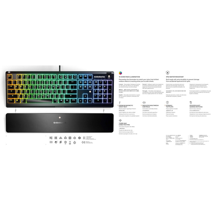 Клавіатура SteelSeries Apex 3 - ігрова з RGB-підсвічуванням та магнітною підставкою для зап'ястя (QWERTZ)