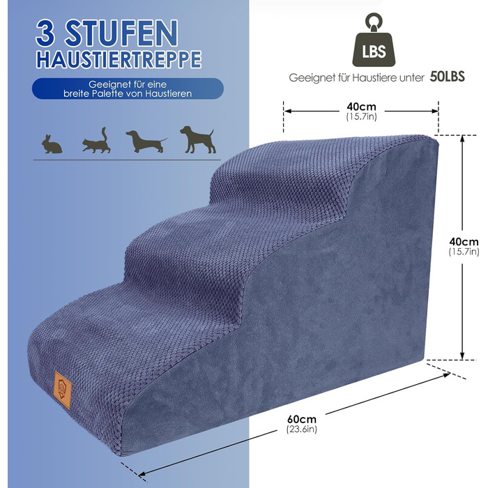 Dog stairs for small dogs, 4 steps pet stairs made of foam with a waterproof cover, detachable dog ramp cat stairs for sofa bed, send 1 fuzz roller (3 steps blue dog stairs)