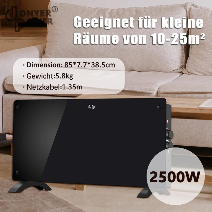 Конвектор DONYER POWER 2000W з склопанеллю, ультратонкий, настінний/підлоговий, чорний