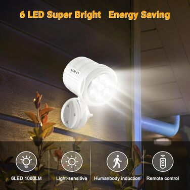 ASOFTY Motion Sensor Outdoor Battery Spotlight with Remote Control, 6 LED Wireless Battery-Powered 1000LM Spot Lamps, IP65 Waterproof Security Lamp for Garden, Garage, Indoor and Outdoor