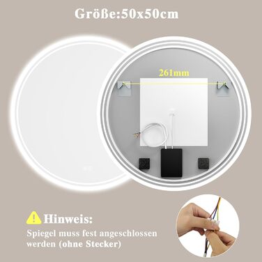 Дзеркало для ванної кімнати з підсвічуванням LED, антизапар, сенсорне управління, регулювання яскравості, 3 кольори світла, функція пам'яті, захист від вибуху, кругле дзеркало 50 см