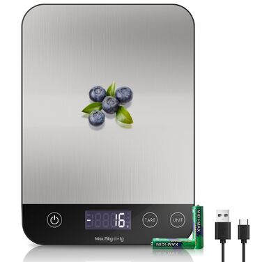 Цифрова кухонна вага з USB-C зарядкою, електронні високоточні ваги для продуктів до 15 кг (крок 1г), професійні