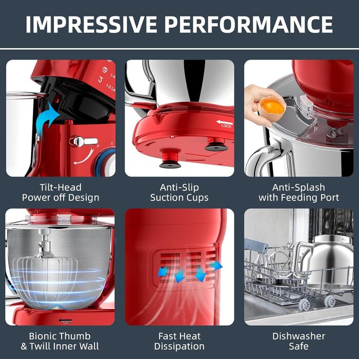 Кухонна машина для замішування тіста 2000W з чашею 6.5л з нержавіючої сталі, 6 швидкостей, з міксером, гаком для тіста, вінчиком та захистом від бризок (червона)