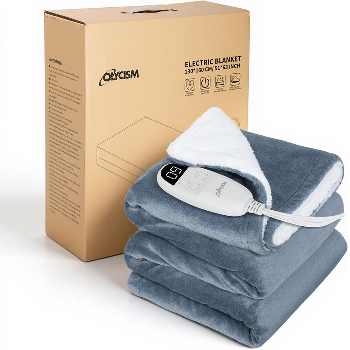 Електрична ковдра Olycism з автовимкненням, 160x130 см, 10 режимів нагріву, таймер, захист від перегріву, для дому та офісу, сіра