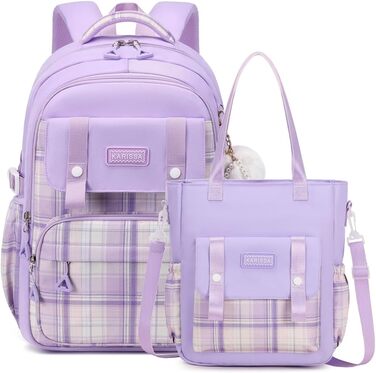 Рюкзак Tanou для дівчаток, підлітків: великий шкільний набір з сумкою через плече, в клітинку, 26L, фіолетовий