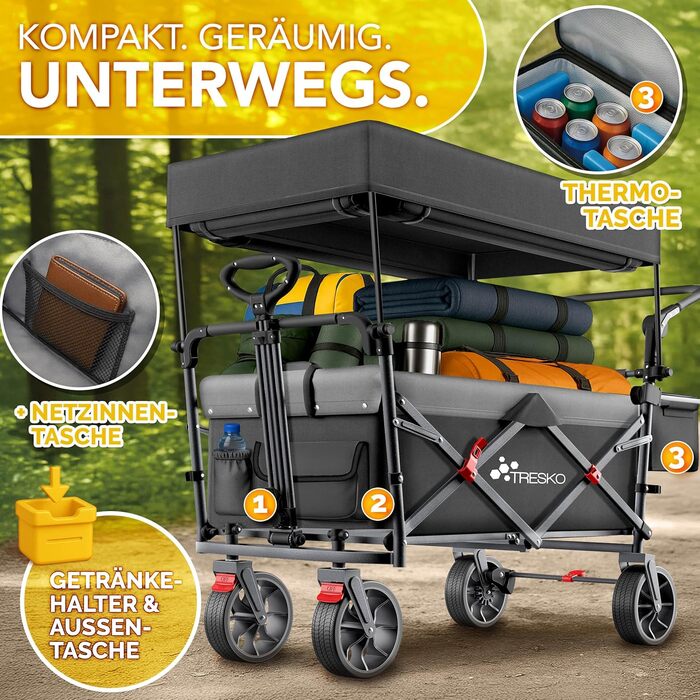 Трьохколісний візок TRESKO® з дахом, кишенькою-холодильником та боковими шторками | Вантажопідйомність до 150 кг | Візок з гумовими колесами та гальмами (передні та задні) та 3-точкова система фіксації (Зелений) (Чорний)