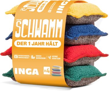 INGA - 4 x Reusable, Washable Sponges - Highly Effective, Scratch-Free - Double-Sided - Switches to a washable sponge that lasts ONE YEAR