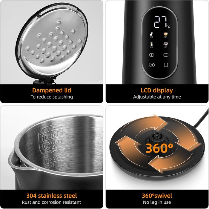 Електричний чайник Carehabi з регулюванням температури, 1.7 л, нержавіюча сталь, чорний, 40°C-100°C, 2200W, LED дисплей, подвійні стінки, функція підтримки тепла