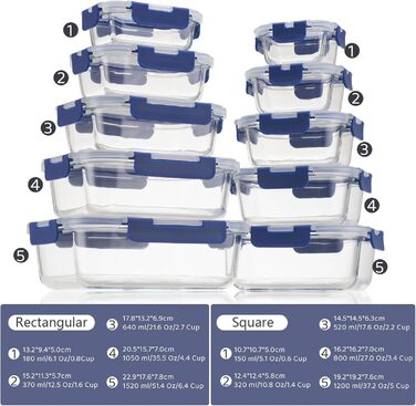 Набір скляних контейнерів для зберігання їжі з кришками з преміум-пластику, 10 шт., блакитні