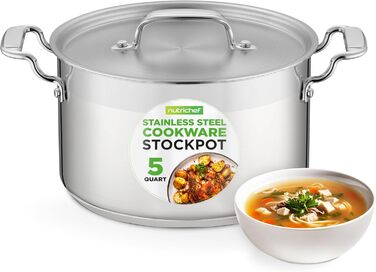 NutriChef Каструля з нержавіючої сталі 18/8, 5 л, для супу та рагу, важка, з кришкою, для індукції, кераміки та галогенових плит, можна мити в посудомийці