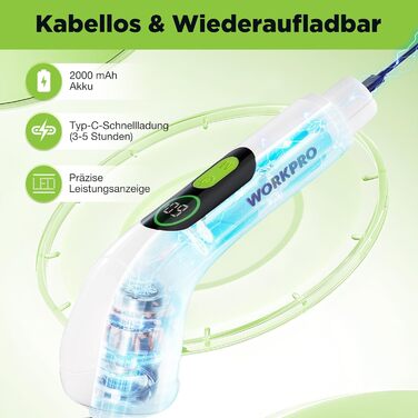 WORKPRO Електрична щітка для прибирання з індикатором потужності, 8 в 1, обертова щітка-скребок, 8 насадок, телескопічна ручка 30-120 см, 3 швидкості, для ванної кімнати та кухні