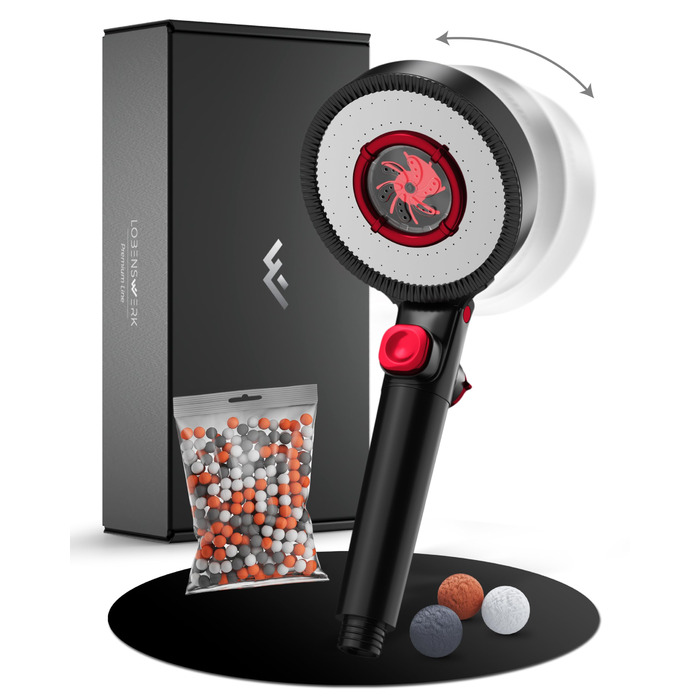 Фільтр для душу з 3 режимами та бустером | Економна душова насадка з мінеральними перлами | Чорна ручна душова лійка з інструментом, запасними перлами та сталевою пластиною (матова чорна)