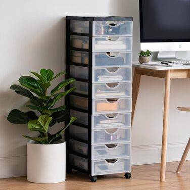 Iris Ohyama Plastic Drawer Box with Wheels, 10 Flat Drawers, Black, Pull Handles, For Bedroom, School & Office, BPA-Free, Drawer Cabinet, Rolling Container, A4 Drawer, DDDC-010