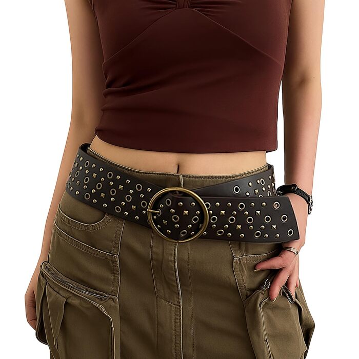 Жіночий широкий пояс JasGood з прорізними заклепками та круглою застібкою, пояс з заклепками, пояс для талії, для джинсів, штанів, суконь, чорний, розмір S (об'єм талії до 88 см)
