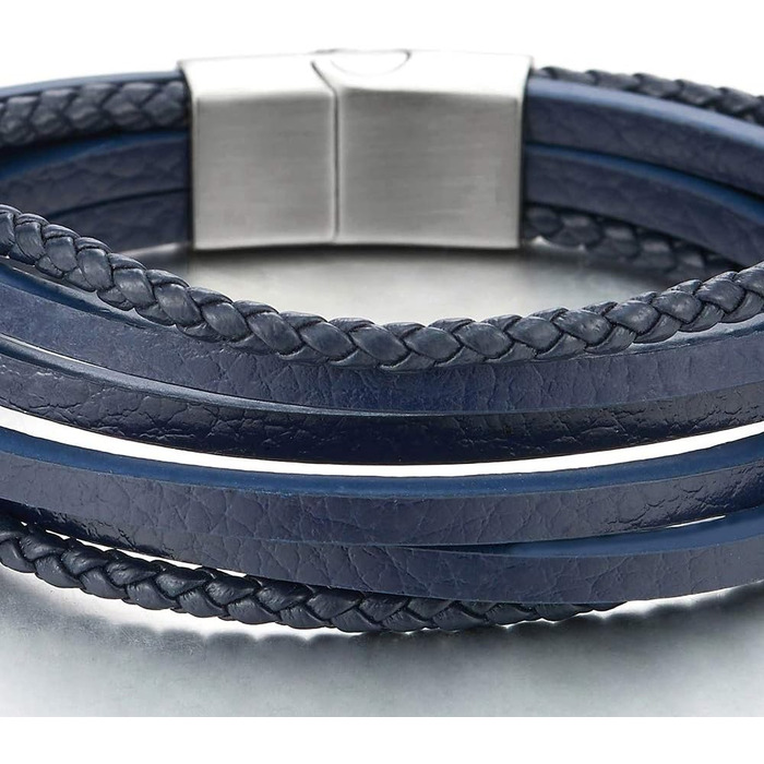 Чоловічий/Жіночий плетений браслет COOLSTEELANDBEYOND з натуральної шкіри Navy Blue, з нержавіючої сталі та магнітною застібкою