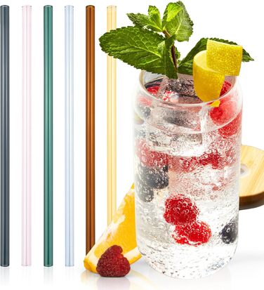 Singer | 6-Piece Glass Straws, Drinking Straws for Glasses, Reusable Straws for Cocktails, Juice & Water, Dishwasher-Safe Glass Straw, Colorful Glass Drinking Straw | 20 cm long