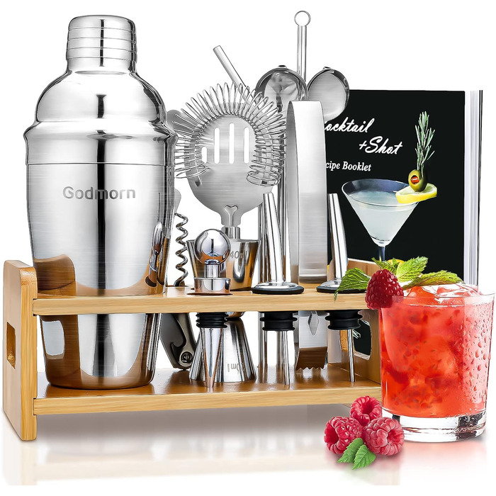 Cocktail Set, Godmorn Stainless Steel Shaker Set, 15-Piece Bartender Set with Improved Bamboo Stand, Recipe Book, Measuring Jigger, and Bar Spoon, 550 ml Gift Set for Home or the Bar