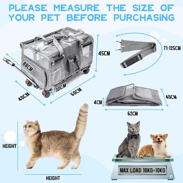 Велика переноска для тварин з двома відділеннями та колесами для кота/собаки, знімна та складана переноска для 2 котів до 20 кг, вентильована переноска-рюкзак для котів для подорожей/походів/кемпінгу