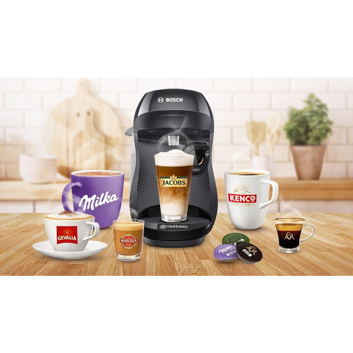 Кавомашина Tassimo Happy TAS1002N від Bosch: понад 70 напоїв, автоматична, для будь-яких чашок, компактна, 1400 Вт, чорний/антрацит