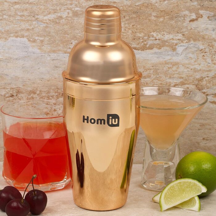Homiu Stainless Steel Cocktail Shaker Set (550ml) with Rainbow Design, shimmering stainless steel, 5-piece: strainer, 2 jiggers (15/30ml) (Gold-Accented)